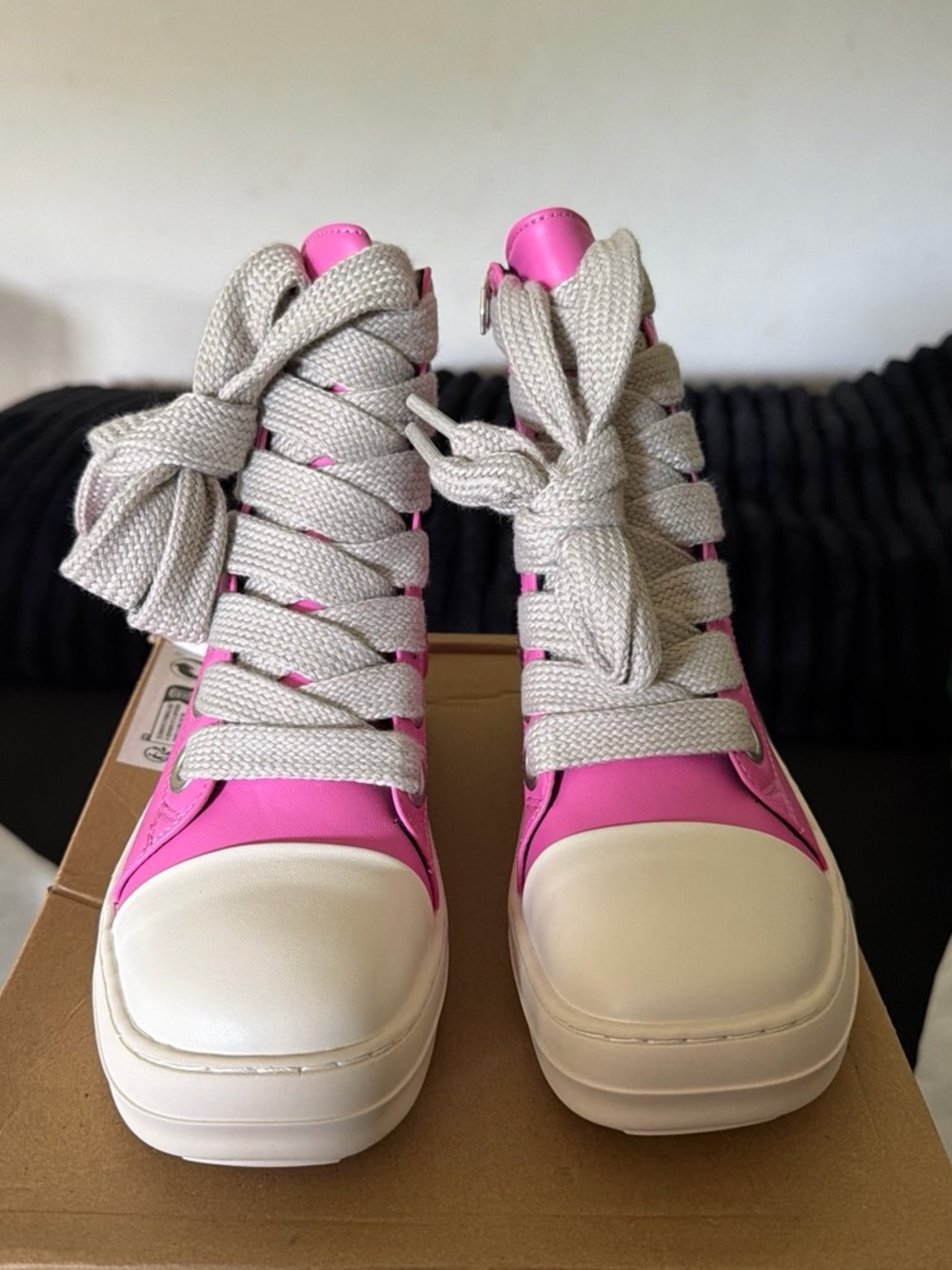 Pink High-Top Platform Sneakers with Cream Laces